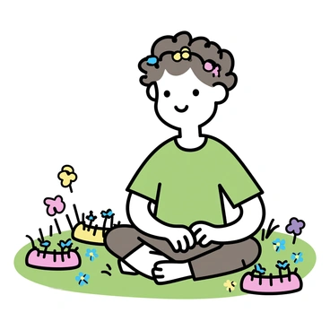 A young hobbit weaving a crown of wildflowers while sitting in a meadow