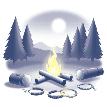 A campsite scene featuring a cozy campfire surrounded by logs and blankets. The fire emits a warm glow, illuminating the area. Several friendship bracelets are laid out in front of the fire, with intricate patterns and textures visible. The moonlight casts a gentle light over the scene, enhancing the glow of the bracelets. In the background, tall trees frame the campsite, and a soft breeze rustles the leaves. The atmosphere suggests a peaceful gathering with friends, evoking a sense of connection and warmth.