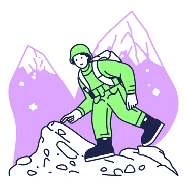 A soldier is climbing a rugged mountain. He is dressed in camouflage gear, complete with a helmet and a backpack. His facial expression shows determination as he ascends the steep rocky terrain. In the background, there are snow-topped peaks that rise majestically against the sky. The scene captures the soldier's struggle against the elements as he navigates the challenging landscape, with loose rocks and patches of snow scattered around.