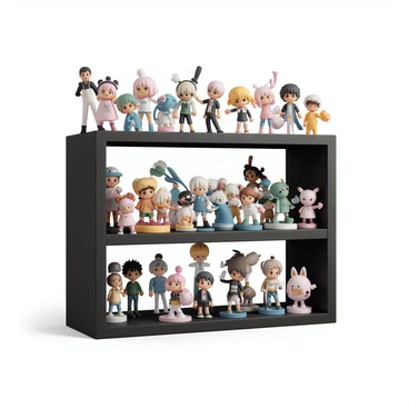 A display shelf, made of sleek black wood, is filled with an impressive collection of gacha figures and collectibles. The shelf has three levels, each showcasing a variety of figures in different styles. On the top level, brightly colored figures are posed in dynamic stances, featuring characters from popular anime and video games. The middle level displays a mix of cute and whimsical figures, each with distinct facial expressions and detailed outfits. The bottom level holds rarer collectibles, including limited edition pieces and unique designs, all meticulously arranged. The background lighting highlights the vibrant colors and intricate details of the figures, creating an eye-catching display.