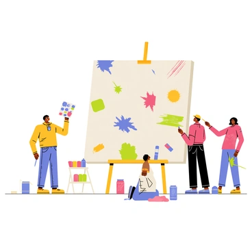 A large canvas positioned upright on an easel, surrounded by a diverse group of artists. Some artists are painting with brushes, while others are using spray paint or markers. Each artist's section of the canvas showcases different vibrant colors and unique themes. There are splashes of blue and green in one area, geometric patterns in another, and vivid floral designs in yet another. Tools such as palettes, paint pots, and rags are scattered around the feet of the artists. The scene is lively, capturing the collaboration and energy among the creators.