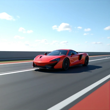 A high-speed test track featuring smooth asphalt and marked lanes. In the foreground, a sleek, red sports car with aerodynamic curves is zooming past, creating a blur effect to show its speed. The setting includes safety barriers on either side of the track. Above, a clear blue sky stretches with a few scattered white clouds. The sun casts bright light, highlighting the shiny surface of the car and track.