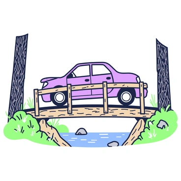 A car has collided with the side of a rustic wooden bridge