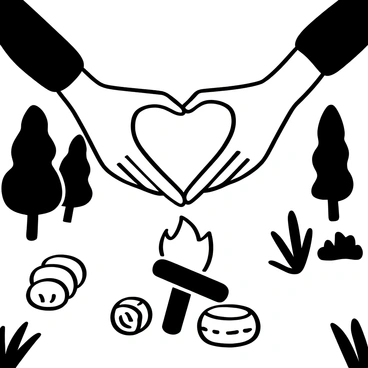 Two hands positioned in a way that they form the shape of a heart. In the background, a cozy campfire can be seen glowing softly, with flames flickering gently. The surrounding area is filled with hints of nature, such as trees and grass, providing a tranquil setting. The scene includes some logs arranged near the fire, adding to the warmth of the atmosphere. The overall composition emphasizes the connection between the heart shape and the inviting glow of the campfire in the distance.
