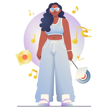 A large portrait of Aaliyah with medium brown skin and long black hair styled in soft waves is prominently featured in the center. She is wearing a silver crop top and matching baggy pants adorned with sparkles. Surrounding her are various symbols representing her music career, including a microphone, a pair of stylish sunglasses, and a set of vinyl records. In the background, several gold music notes float gracefully around her. The overall color palette includes soft purples and blues, creating a vibrant atmosphere that highlights her influence in music.