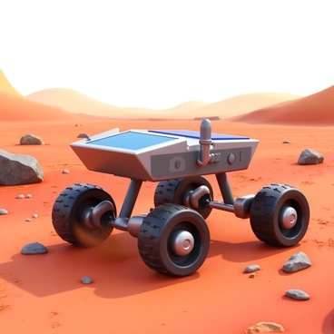 A Mars rover with six large wheels, actively turning and navigating over rough, rocky terrain. The body of the rover is metallic with visible solar panels angled to capture sunlight. Dust and small pebbles are being displaced as the wheels make contact with the ground. The environment features reddish soil, scattered rocks, and a distant view of hills under a clear, sunlit sky.