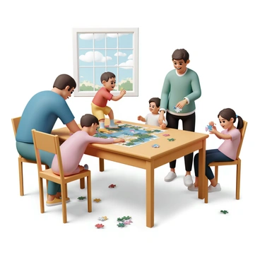 A family of four is gathered around a wooden dining table, enthusiastically working on a large jigsaw puzzle. The father, wearing a blue t-shirt and jeans, is focused on fitting pieces together. The mother, in a green sweater and black leggings, is sorting pieces into groups. A young boy, wearing a red shirt and shorts, is reaching for a piece while grinning. A little girl, in a pink dress, is sitting on the table's edge, holding a puzzle piece up with both hands, showing excitement. The puzzle being worked on is a colorful landscape scene, with pieces scattered around the table. Sunlight streams in through a nearby window, illuminating their faces and the puzzle pieces.