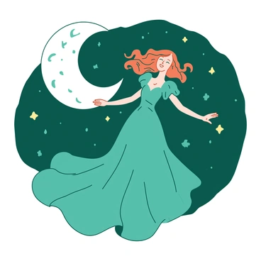 A teal graceful figure representing the moon is gliding through a night sky filled with stars. Nearby, an orange figure symbolizing the sun is dancing gracefully, radiating warmth and light. Both figures are adorned with flowing garments that ripple as they move. The moon figure has a serene expression, while the sun figure displays a joyful smile. Surrounding them, tiny stars sparkle, adding shimmer to the celestial dance.