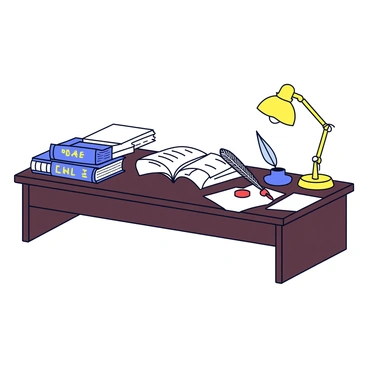 A wooden lawyer's desk with a dark finish. The desk is covered in scattered papers, some neatly stacked and others haphazardly placed. Several thick law books with gold lettering are partially open atop the desk. An ornate ink quill is positioned beside an ink pot, which sits on a small piece of parchment. A brass desk lamp illuminates the workspace, casting a warm glow over the scene.