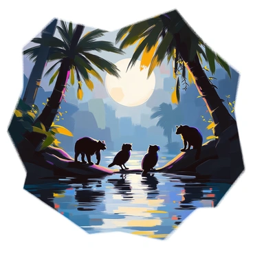 A silhouette of several nocturnal animals, including a jaguar, an owl, and a sloth, moving through the dense Amazon rainforest at the river's edge. The animals are positioned among tall tropical trees with broad leaves, their outlines dark against the backdrop of the night sky. The river reflects the moonlight, creating a shimmering path along the water's surface. Vines hang from the branches, and shadows dance across the ground, adding to the mysterious atmosphere of the scene.