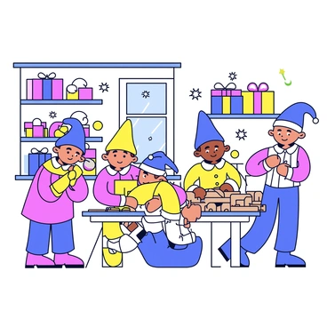 A group of small elves with pointy hats and bright outfits working diligently in a cheerful workshop. The elves are assembling various toys, including a wooden train and stuffed animals. The workshop features shelves overflowing with colorful gifts and wrapped presents. Bright lights hang from the ceiling, and snowflakes can be seen falling through a window in the background. The elves have focused expressions as they interact with each other and the toys.