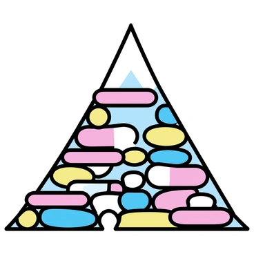 A mountain peak, towering and majestic, is composed entirely of stacked, oversized pills in various vibrant colors. Each pill is smooth and glossy, reflecting light in different angles. The base of the mountain is wide, with the pills becoming smaller and more tightly packed as they ascend towards the summit. The peak is pointed and sharp, showcasing the intricate layering of the pills. Some of the pills are capsule-shaped, while others are tablet-shaped, creating a diverse texture across the mountain. The scene captures the surreal nature of this whimsical landscape.