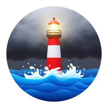 A lighthouse with a sturdy structure, painted in white and red stripes, standing tall amidst turbulent stormy waves. The waves crash forcefully against the base of the lighthouse, sending splashes of water high into the air. Dark, ominous clouds fill the sky, creating a dramatic backdrop. A bright light emanates from the top of the lighthouse, piercing through the stormy darkness, guiding ships safely. The scene conveys intensity and resilience.