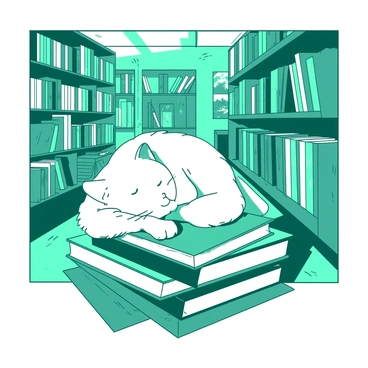 A teal bookshop filled with shelves displaying various books with unique illustrated covers in different styles. In the center, there is a fluffy white cat lounging comfortably on top of a pile of colorful books. The cat’s eyes are half-closed, creating a relaxed atmosphere. Some books are stacked haphazardly, while others lean against each other, showcasing the diversity of the illustrated covers. Soft light filters through the shop’s windows, casting gentle shadows across the scene.