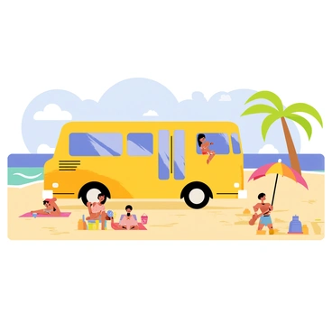 A bright yellow bus is parked near the sandy beach, casting a long shadow on the golden sand. In the foreground, a group of people are lounging on colorful beach towels, enjoying the sunny day. Some are playing beach volleyball, while others are splashing in the turquoise waves of the sea. A few children are building sandcastles nearby, their buckets and shovels scattered around. Palm trees sway gently in the warm breeze, and a vibrant beach umbrella is pitched near the bus. The sky is clear and blue, with a few fluffy white clouds drifting lazily.