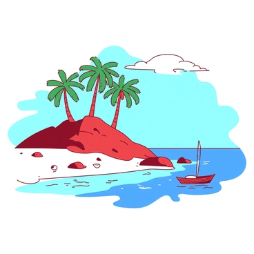 A red island with tall green palm trees swaying gently in the breeze. The water surrounding the island is a vibrant blue, reflecting the sunlight. In the foreground, there are soft white sandy beaches, and a few seashells scattered along the shore. A small wooden boat is anchored near the shoreline, bobbing gently in the calm waters. In the distance, a clear blue sky stretches above, dotted with a few fluffy white clouds.