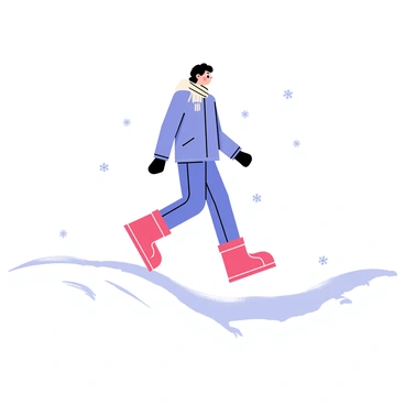 A person wearing bright red snow boots is walking through a landscape of fresh, powdery snow. The snow is untouched, creating a soft, white blanket across the ground. Each step leaves a distinct, crunchy path behind, marked by the imprints of the snow boots. The person is bundled up in a cozy blue jacket and a warm scarf, with snowflakes gently falling around them, creating a serene winter atmosphere.