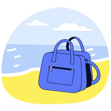 A bright blue sac-à-dos is resting on the golden sand. The bag features two adjustable straps and a front pocket with a zipper. Nearby, gentle waves are lapping at the shore, creating white foam as they touch the sand. The background includes a clear sky with a few wispy clouds.