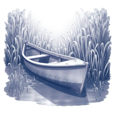 A derelict boat rests in a dense, overgrown swamp. The hull of the boat is partially submerged in murky water, and it is covered in a thick layer of algae. Tall grasses and reeds surround the boat, with some reaching up to its sides. The wooden structure of the boat shows signs of decay, with cracks and peeling paint evident. Sunlight filters through the dense foliage above, casting dappled shadows on the surface of the water. The scene is filled with various wetland plants, contributing to the sense of abandonment and neglect.