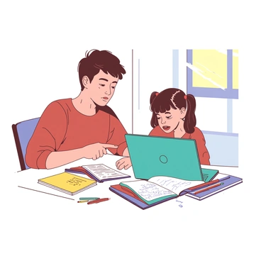 A parent with short brown hair is sitting at a white dining table, focused on assisting a young child with distance learning homework. The child, a girl with pigtails, is looking at a teal laptop, her face expressing curiosity. The table is cluttered with colorful textbooks, a yellow notepad filled with scribbles, and a few colorful pens scattered around. A soft light from a nearby window illuminates the scene, creating a warm atmosphere. The parent is pointing at the screen, while the child leans forward, eager to learn.