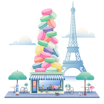 A vibrant Parisian scene is depicted with a towering structure made entirely of colorful macarons. The macarons are in various pastel shades, including pink, mint green, lavender, and pale yellow, stacked meticulously to form a tall, whimsical tower. In the foreground, a cobblestone street is lined with charming cafes, their outdoor seating adorned with small round tables and striped umbrellas. The sky is a soft blue with fluffy white clouds, and a few pigeons are perched on the cobblestones. In the background, the iconic silhouette of the Eiffel Tower can be seen, blending harmoniously with the macaron structure.
