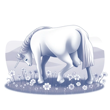 A unicorn with a spiraled horn is grazing in a meadow. The unicorn has a flowing mane that cascades down its neck. The meadow is filled with various types of flowers, each with distinct shapes and sizes. The flowers are densely scattered throughout the scene, creating a lush landscape. The unicorn stands among the flowers, with its head lowered as it nibbles on the greenery. The background features gently rolling hills that complement the tranquil setting.