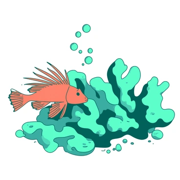 A teal vibrantly colored coral formation is present, showcasing intricate patterns and textures. Nearby, a striking orange lionfish is resting gracefully on the coral. The lionfish has its characteristic long, flowing fins spread out around it, creating a stunning contrast against the teal coral. Small bubbles rise gently around the coral, adding a dynamic element to the underwater scene.