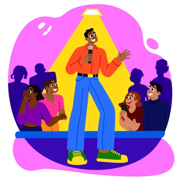 A comedian stands confidently on a stage, illuminated by a bright spotlight. The performer has a microphone in hand and is mid-punchline, with an animated expression that conveys humor. The audience, a diverse group of people, is seen in front of the stage, laughing heartily, some with heads thrown back in amusement. The background features silhouettes of audience members, enhancing the focus on the comedian. Bright colors highlight the stage and the clothing of the comedian, creating an engaging and lively atmosphere.