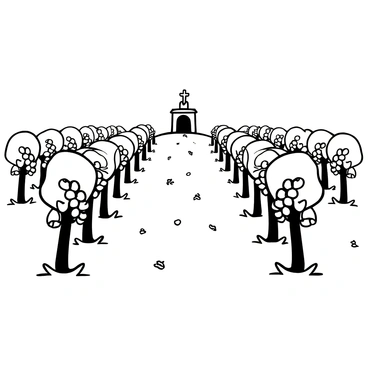Rows of grapevines stretching across a landscape, each vine laden with clusters of grapes. In the center, a wooden altar stands, adorned with simple decorations. The ground is covered with a light layer of soil and fallen leaves. The grapevines create a sense of order and symmetry, leading the eye toward the altar. The scene captures the essence of a tranquil vineyard setting.