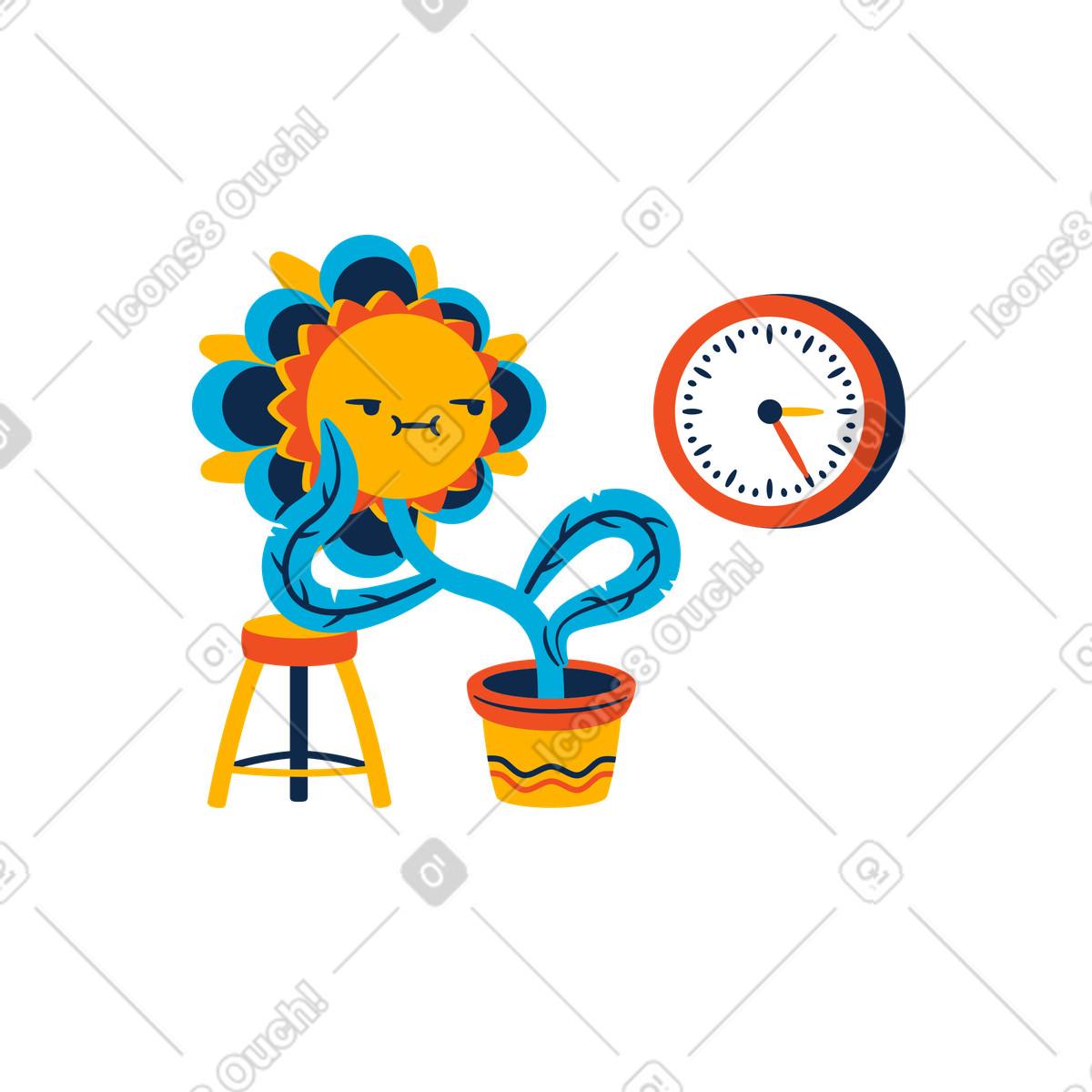 Potted plant looking at clock and waiting illustration in PNG, SVG