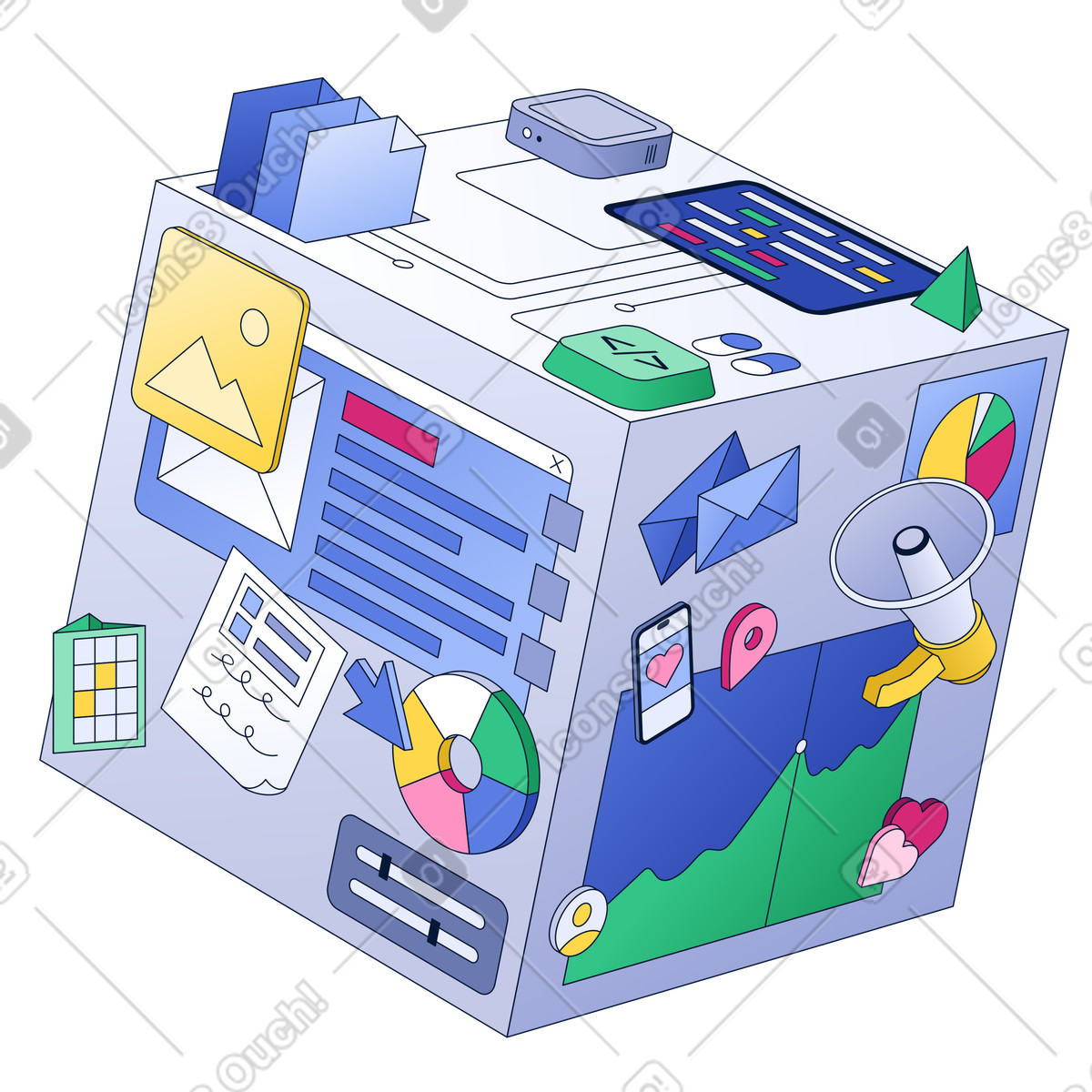 Cube with programming, Web design and digital marketing elements, control panel illustration in Neat style download in PNG, SVG