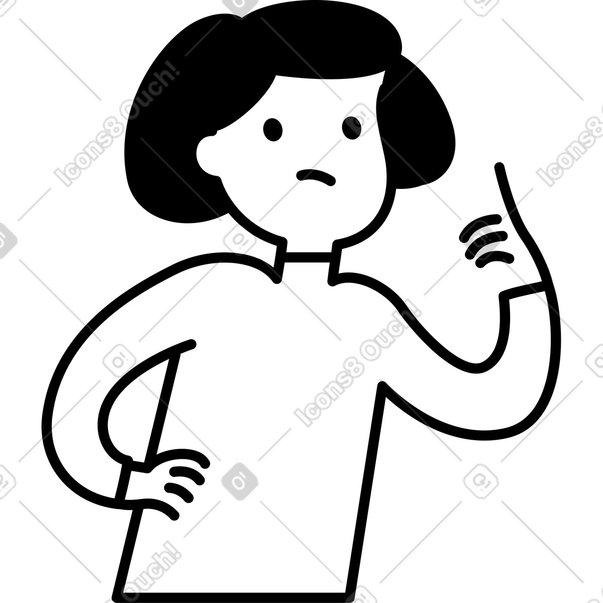 Illustration Character with frown expression raising finger in displeased body language dans le style Notion Line Art à télécharger aux formats PNG, SVG