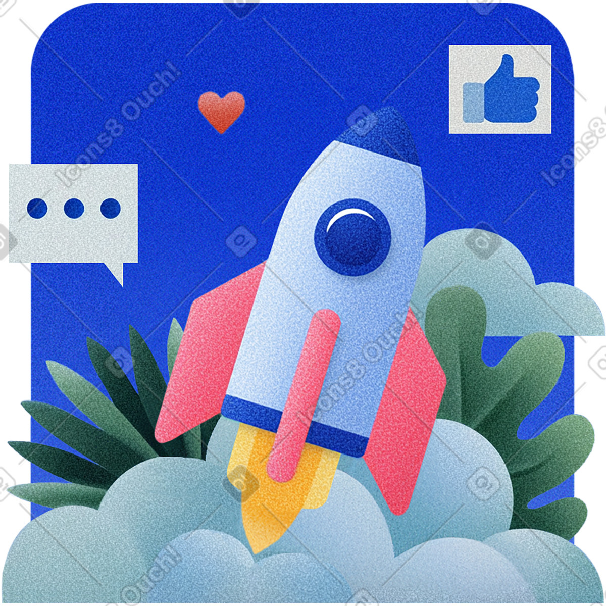 Ilustración Lanzamiento de cohete sobre las nubes con iconos chat y pulgares hacia arriba, concepto crecimiento startups éxito empresarial. en estilo Grainy a descargar en PNG SVG