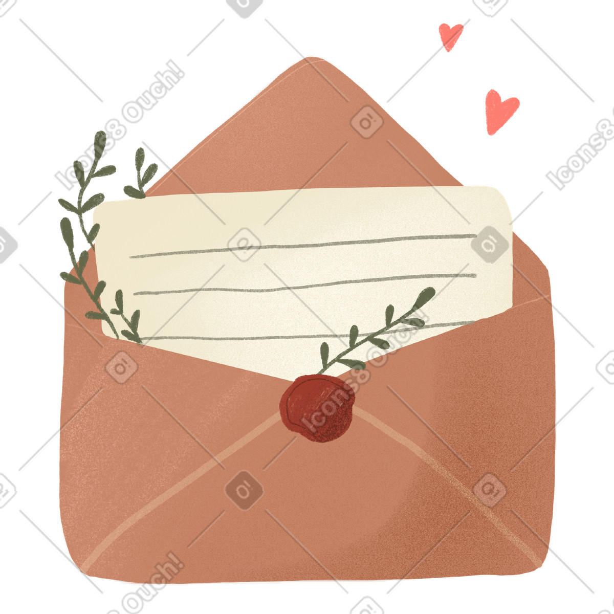 Illustration Enveloppe ouverte romantique avec une note et des coeurs dans le style Experimental à télécharger aux formats PNG, SVG