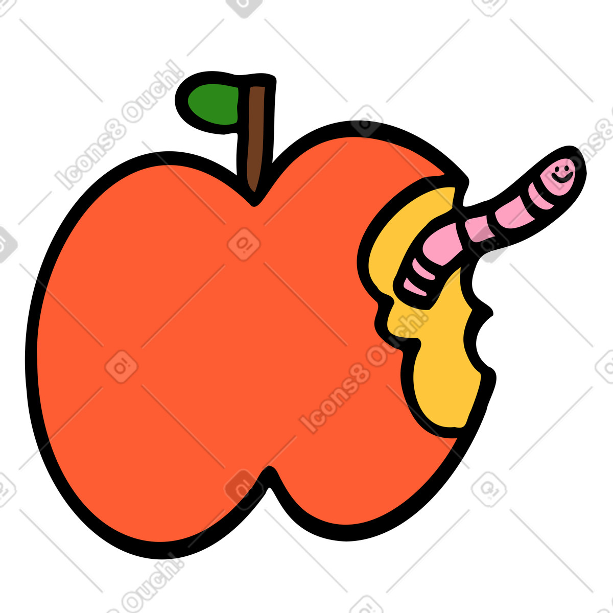 Red apple with a worm illustration in Comic style download in PNG, SVG