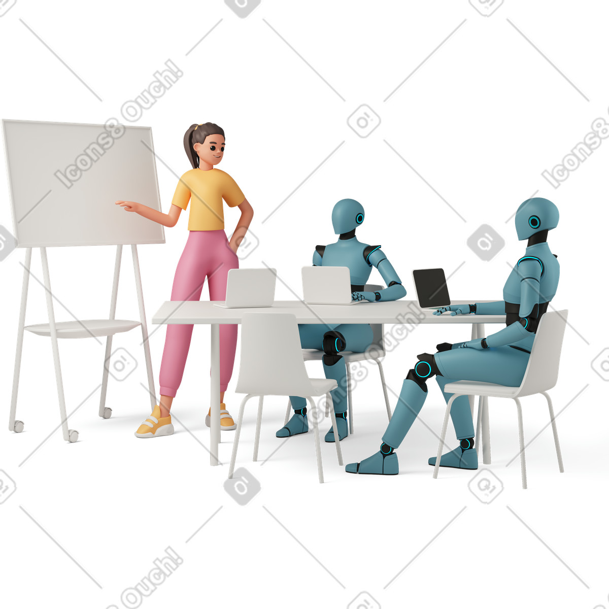 Human and AI robots in workplace illustration 3D Casual life style download PNG, SVG