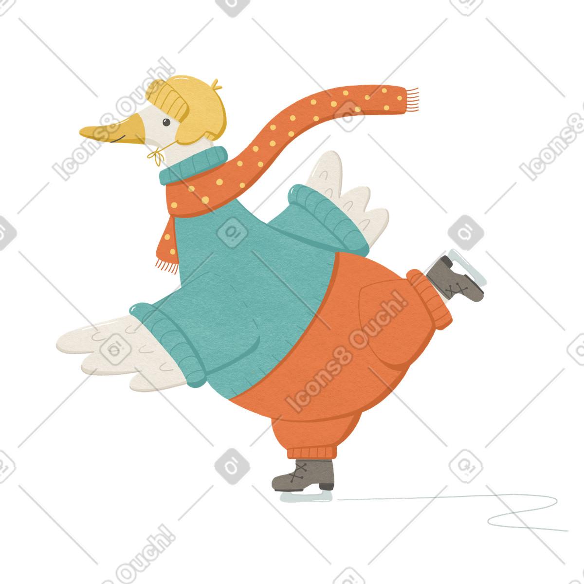 Illustration Oie dans un pull turquoise patinant sur glace le style Goose à télécharger aux formats PNG, SVG
