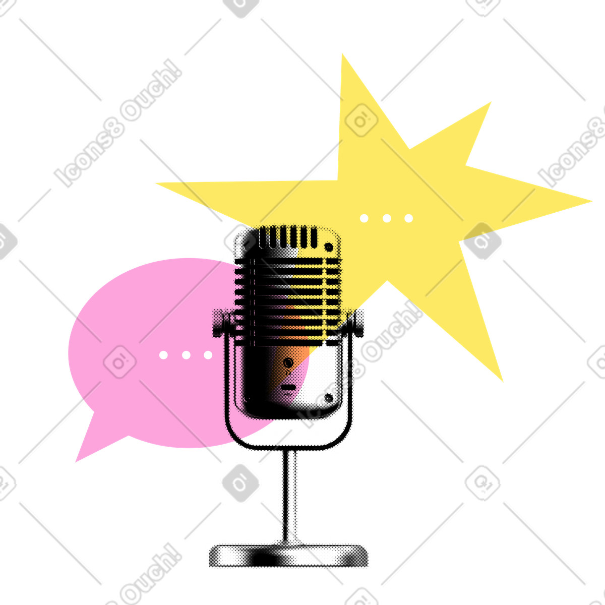 Illustration Studio microphone with speech bubbles dans le style Print à télécharger aux formats PNG, SVG