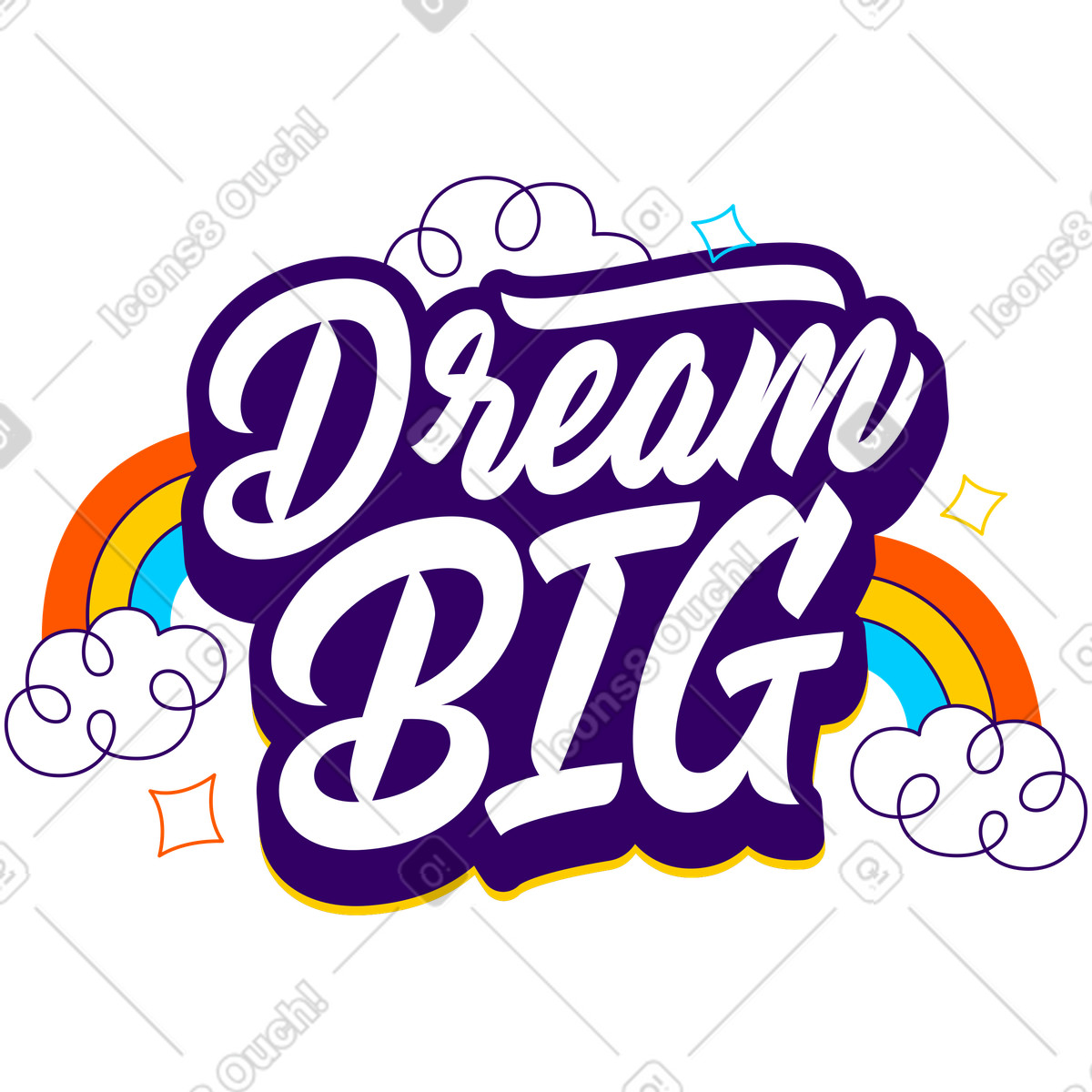 Illustration Lettrage rêve grand avec texte nuages et arcs-en-ciel dans le style Lettering à télécharger aux formats PNG, SVG