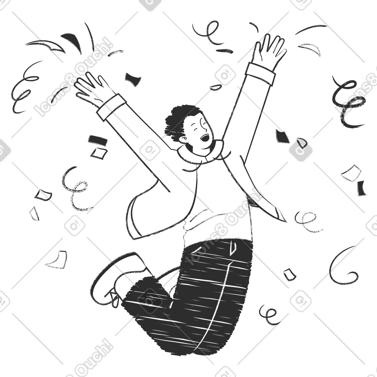 Expressing excitement and throwing confetti, Joyful reward or success illustration in Graphite style download in PNG, SVG