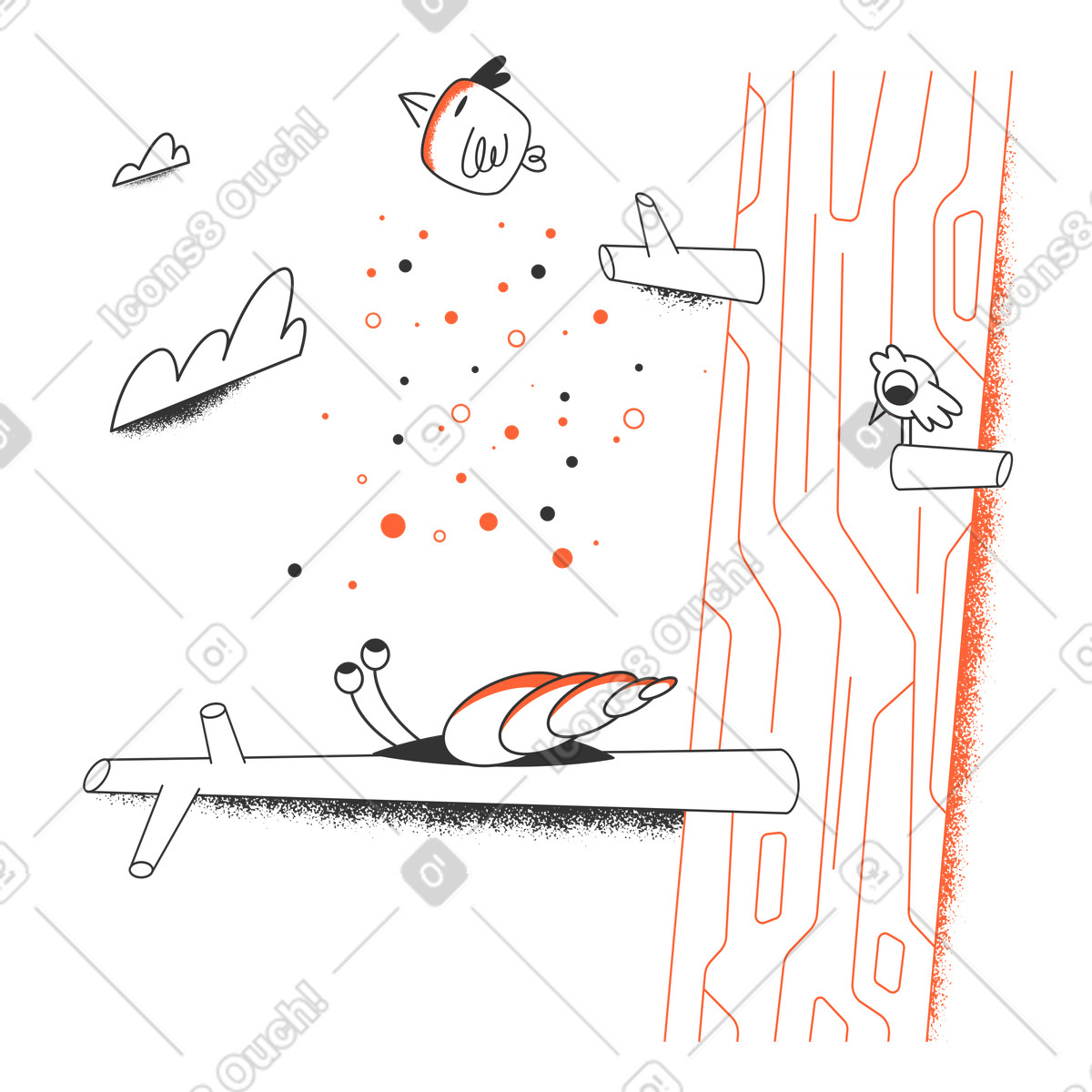 Birds perched on tree with snail illustration in PNG, SVG