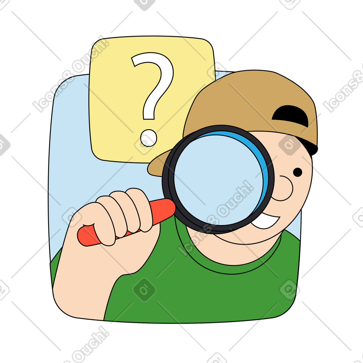 Man with a magnifying glass searching for information illustration in PNG, SVG
