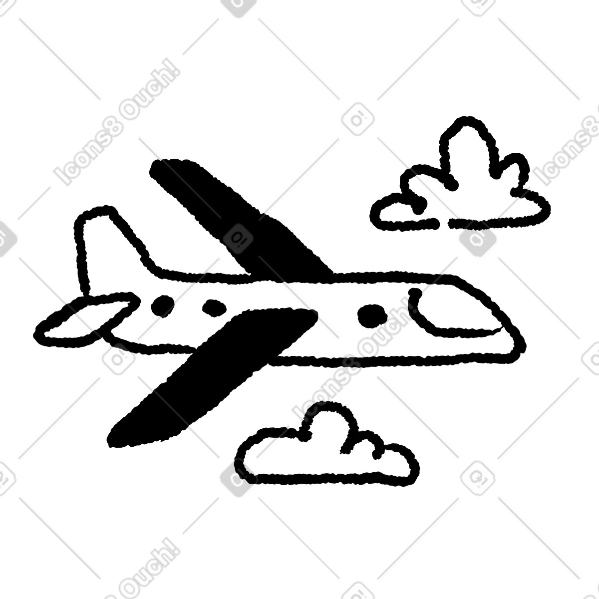 下载 Black Chalk 风格的 Airplane flying through sky with fluffy clouds around the fuselage 插画，支持 PNG、SVG 格式