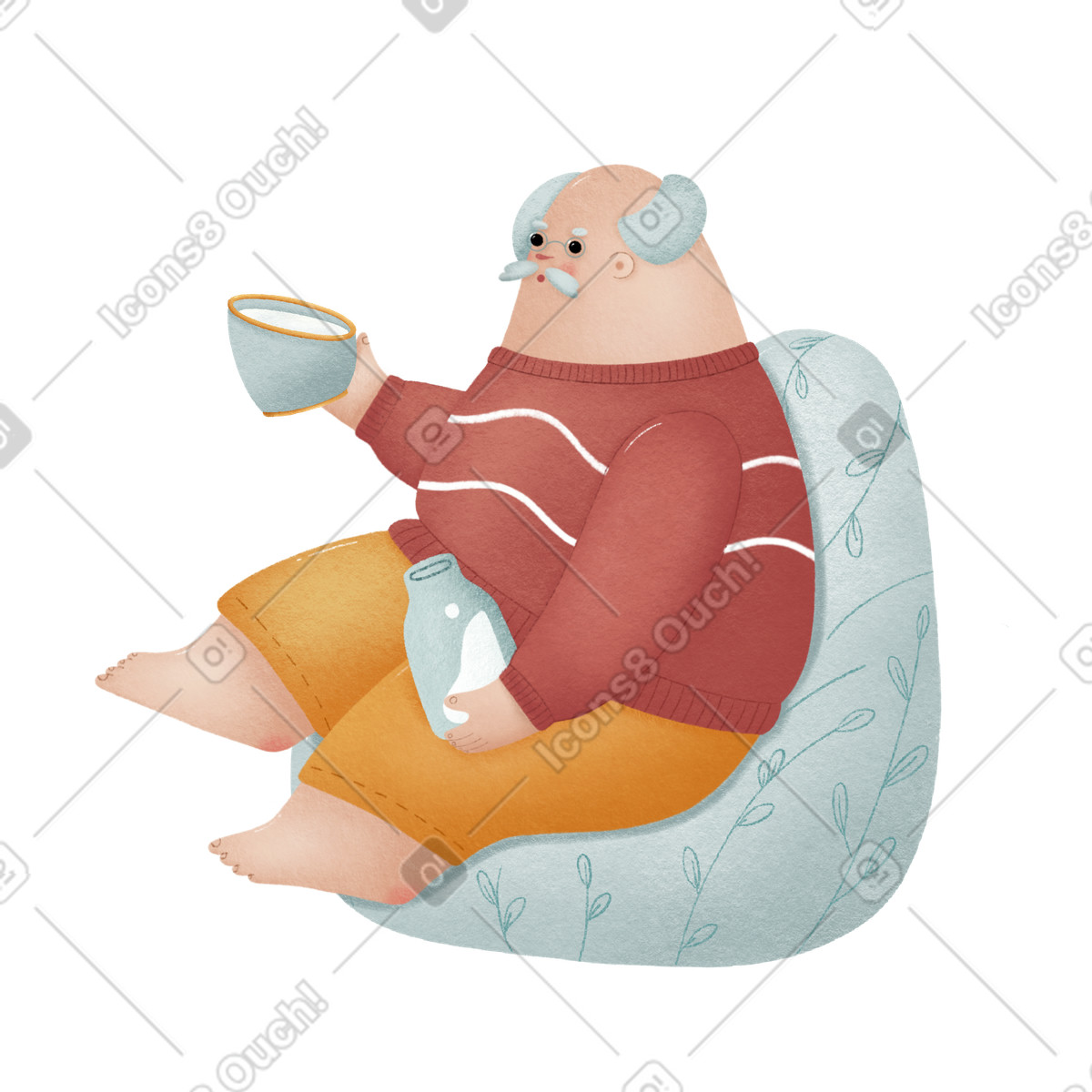 Ilustración El hombre se sienta y sostiene una taza de leche. en estilo Woolly a descargar en PNG SVG
