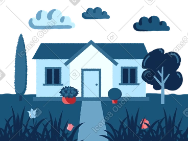 One storey white house with trees, potted plants and flower beds PNG, SVG