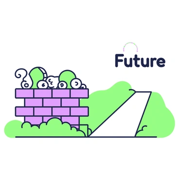 A brick wall constructed from an arrangement of coins and bills is blocking a path. The wall has a structured appearance, with each coin and bill placed tightly together to form a solid barrier. To the right of the wall, a path is visible, leading towards the horizon. The path is labeled with the word "Future" in bold text, positioned at an angle above the ground. The surrounding ground is flat, and there is a slight gradient leading up to the wall, enhancing the sense of obstruction.