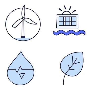A collection of icons representing different forms of renewable energy. The first icon features a wind turbine with three elongated blades set against a circular backdrop. The second icon displays a solar panel, depicted as a rectangular grid with a subtle sun motif behind it. The third icon illustrates a water droplet with waves underneath, symbolizing hydro energy. The fourth icon shows a leaf with a light bulb incorporated into its design, representing bioenergy. Each icon is distinctly outlined and arranged in a harmonious layout.