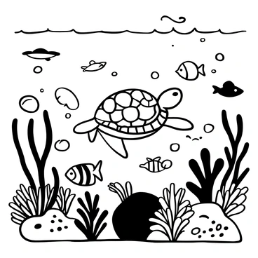 An underwater scene featuring a sea turtle gliding gracefully through a vibrant coral reef. Multiple fish of various shapes and sizes swim among the colorful corals, which are intricately detailed. The turtle's shell exhibits a textured surface, while the coral formations display unique patterns. Fluid lines outline all elements of the scene, emphasizing the movement of water and marine life. Bubbles rise around the fish, creating a sense of depth and immersion in the underwater environment.