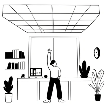 A person in business attire standing in an office with a sleek desk and a computer. The office is spacious, with shelves filled with books and documents. The person is reaching upward towards a large glass ceiling that allows light to filter in, creating a network of reflections. The room is organized and minimalistic, with a potted plant in one corner and a calendar on the wall.