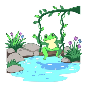A green frog is swinging joyfully on a vine swing that hangs from a tree branch. The swing is made of thick, twisted vines, and the frog is perched comfortably on it, with its arms outstretched. Below the swing, there is a sparkling brook with clear water flowing gently over smooth pebbles. Sunlight reflects off the water's surface, creating shimmering highlights. Surrounding the brook are lush green plants and colorful flowers, adding vibrancy to the scene.